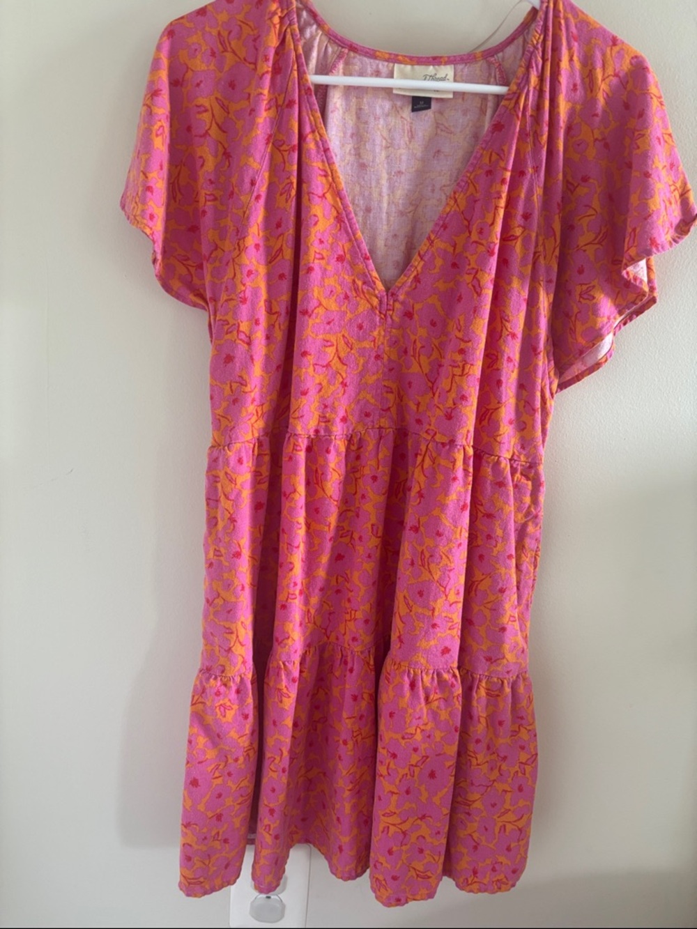 Universal Thread Pink and Orange Floral V-Neck Tiered Dress